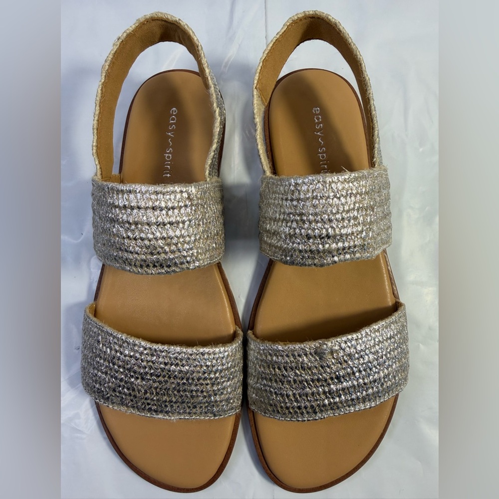 Easy Spirit Woven Silver Metallic Lana Flat Sandals - Boho Comfort - Size 6.5